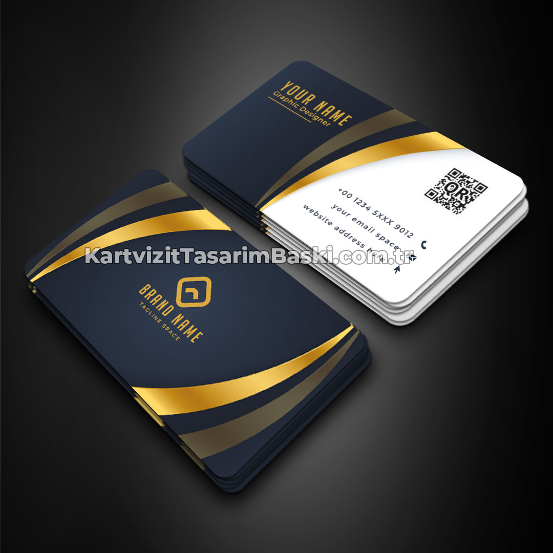 Lacivert ve altın detaylı modern profesyonel kartvizit tasarımı ve kartvizit baskı örneği